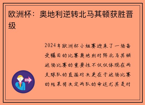 欧洲杯：奥地利逆转北马其顿获胜晋级